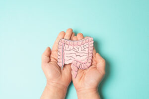Hands gently holding a paper cutout illustration of the human large intestine and rectum on a teal background, representing bowel health care.